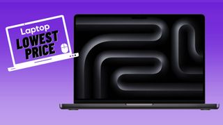 Space black M3 MacBook Pro against a purple gradient backround.