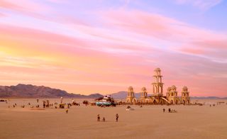 The Temple at Burning Man at sunset