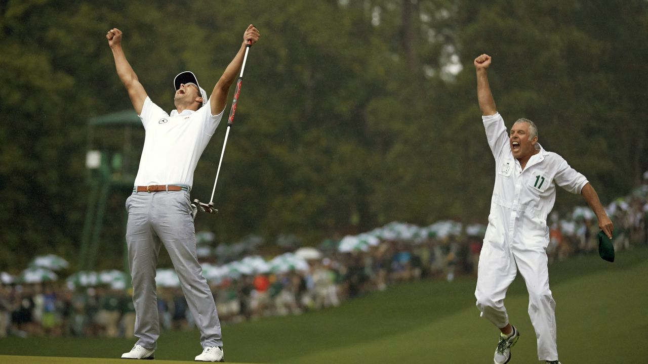 Adam Scott and Steve Williams celebrate his win at the 2013 Masters