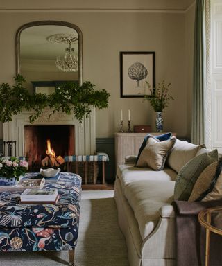 Traditional living room with a fireplace and foliage on the mantelpiece