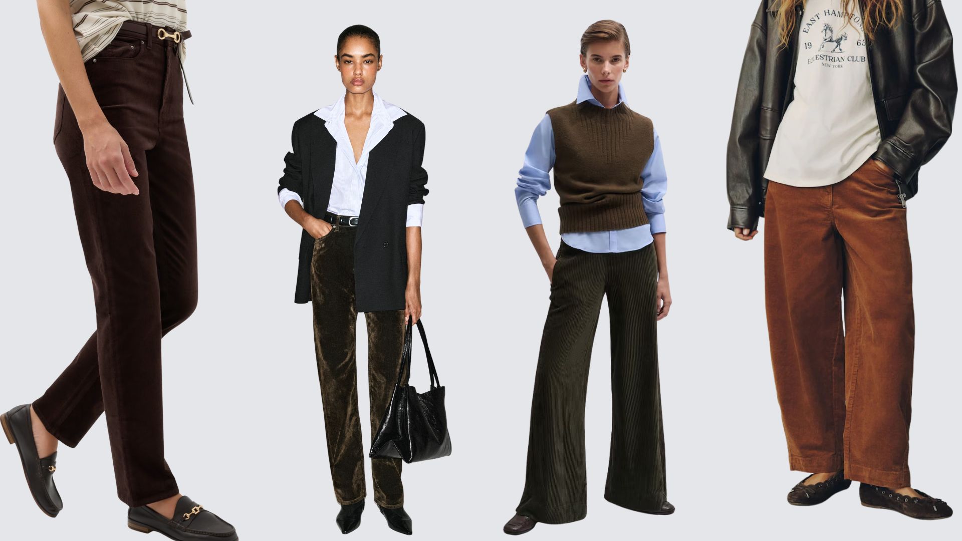 Four models wearing cord trousers 