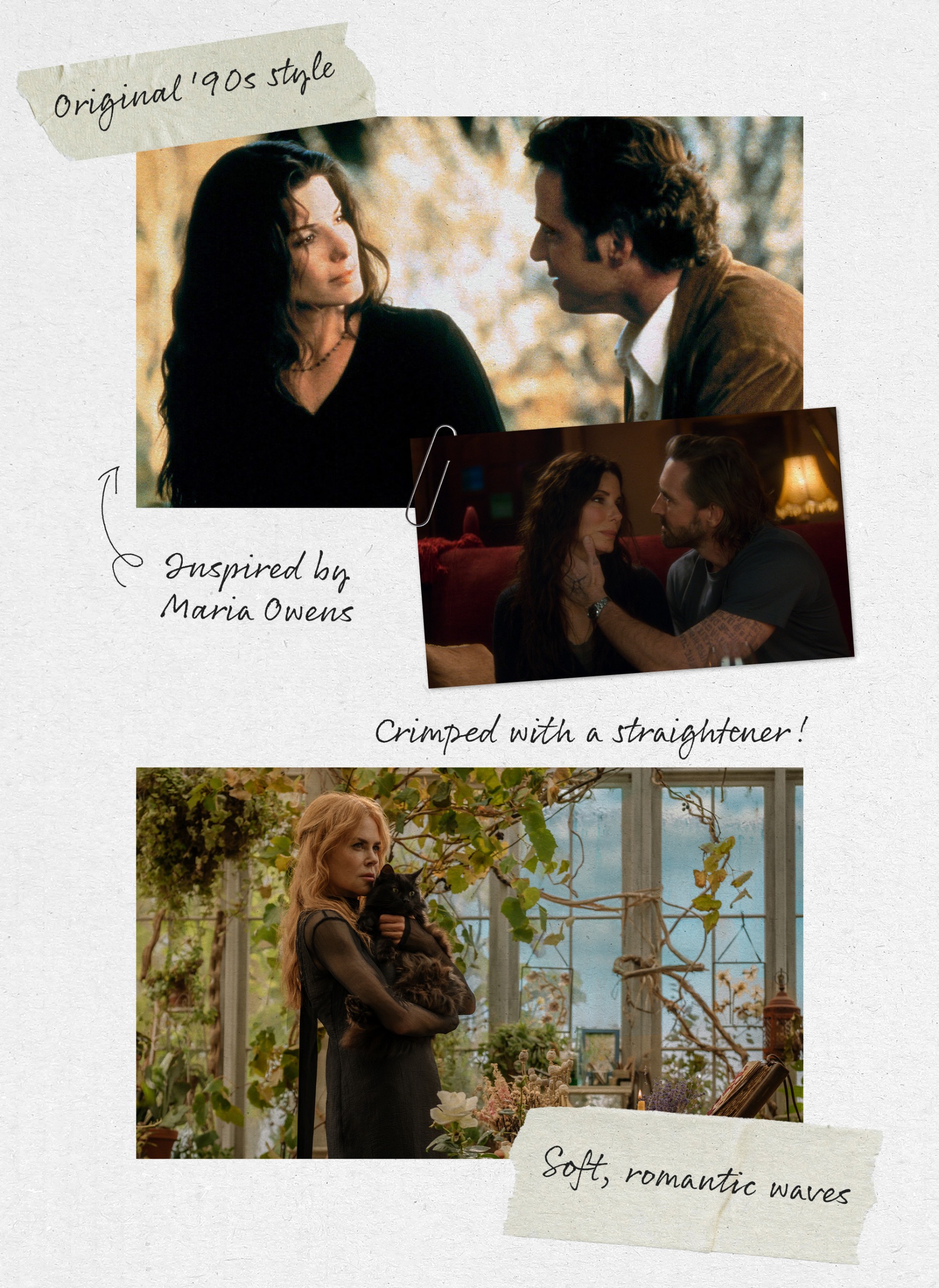 A collage of images from Practical Magic (1998) and Practical Magic 2 (2026) starring Nicole Kidman and Sandra Bullock.