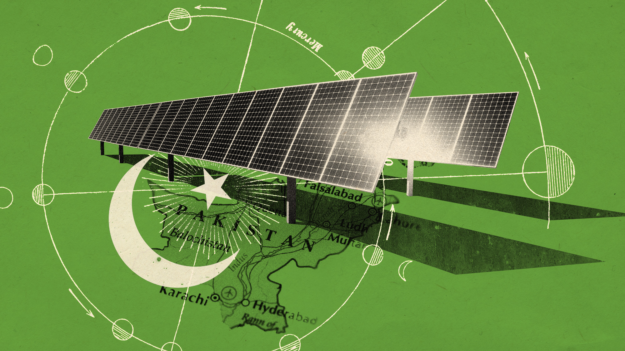 Photo collage of a row of solar panels, parts of the map and flag of Pakistan, and a vintage diagram of the solar system