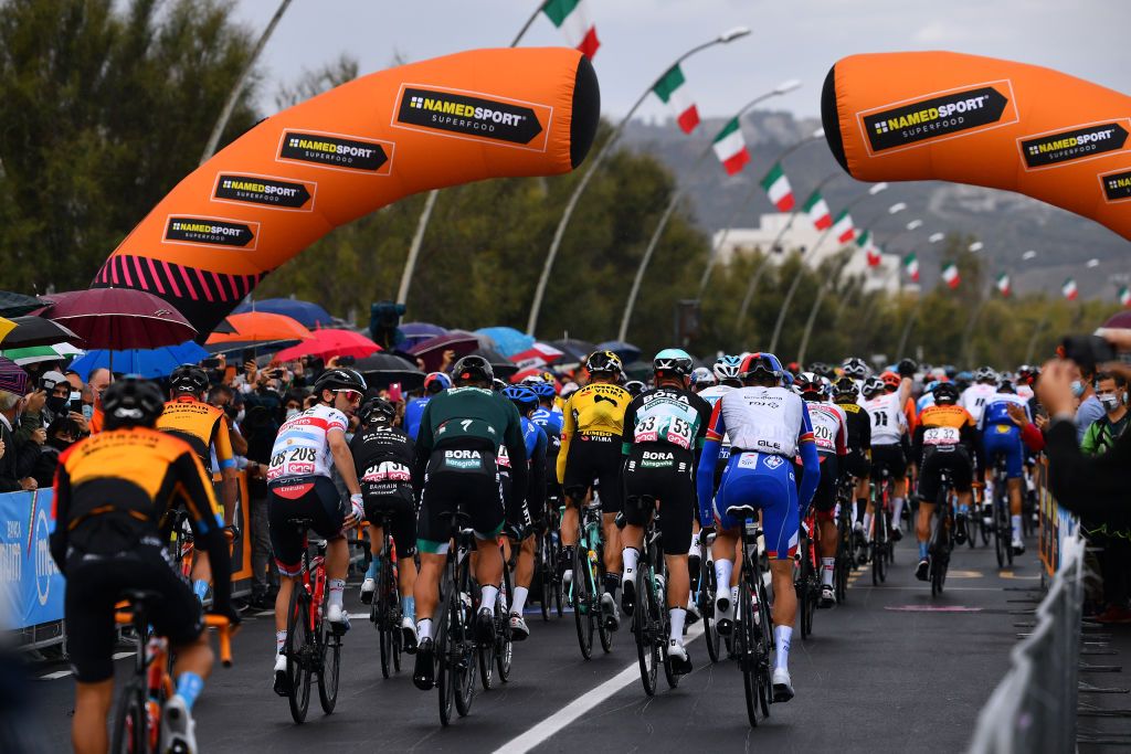 ROCCARASO ITALY OCTOBER 11 Start Ariel Maximiliano Richeze of Argentina and UAE Team Emirates Maciej Bodnar of Poland and Team Bora Hansgrohe Peloton during the 103rd Giro dItalia 2020 Stage 9 a 207km stage from San Salvo to Roccaraso Aremogna 1658m girodiitalia Giro on October 11 2020 in Roccaraso Italy Photo by Stuart FranklinGetty Images