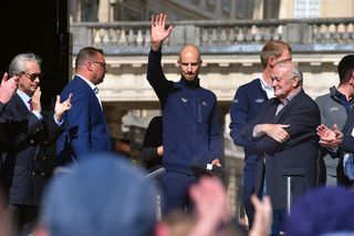 Tom Boonen waves to fans for one last team presentation in Compi&egrave;gne.
