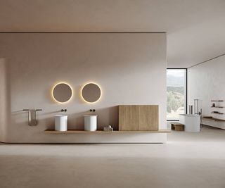 modern bathroom with smooth microcement like finish across walls, floors and ceilings with minimalistic bathroom fixtures and fittings