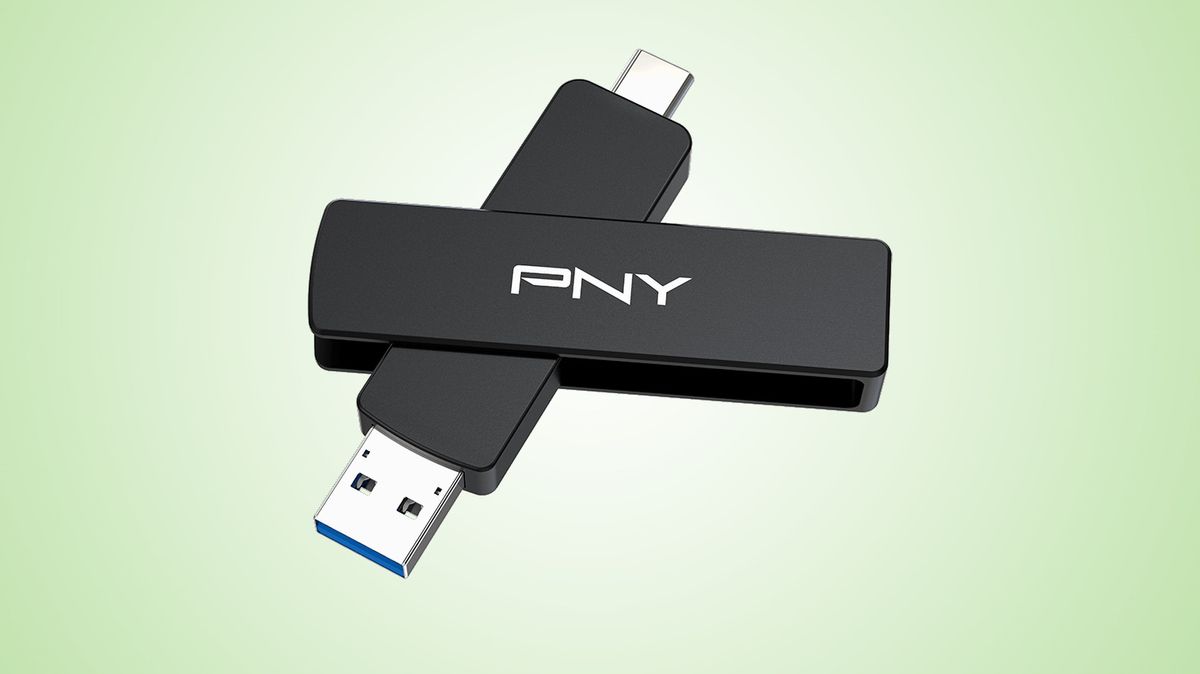 PNY DUO LINK V3 Flash Drive against green background.