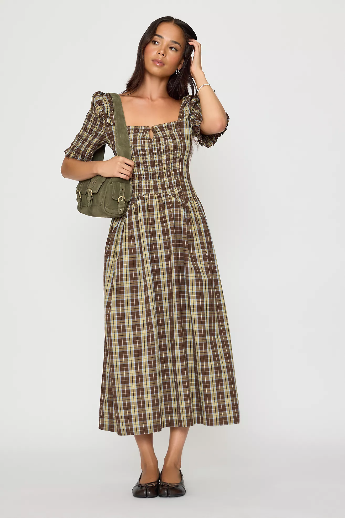 Damson Madder Emmy Shirred Check Midi Dress