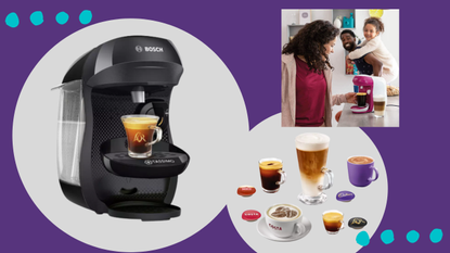 A selection of images featuring the Tassimo by Bosch Happy Pod Coffee Machine, a Cyber Monday cofee machine deal