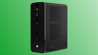 A promotional image of a Corsair AI Workstation 300 mini-PC against a green gradient background.