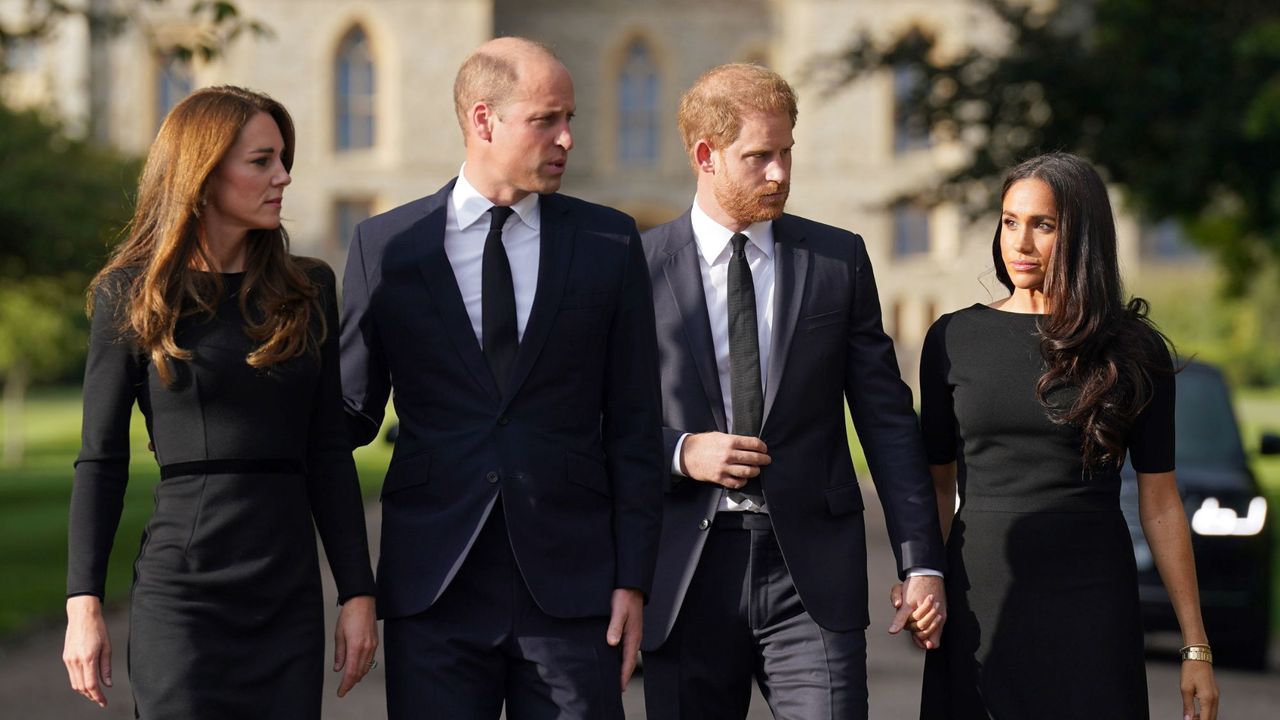 The Prince and Princess of Wales and the Duke and Duchess of Sussex arrive at Windsor Castle to view the tributes to Her Majesty Queen Elizabeth II on September 10 2022