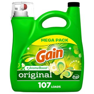 A bright green bottle of liquid laundry detergent with a bright red logo