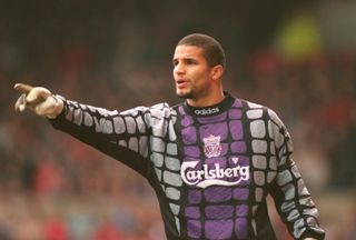 David James in action for Liverpool in February 1995 in the Premier League against Arsenal