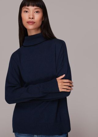 Navy Cashmere Roll Neck Jumper