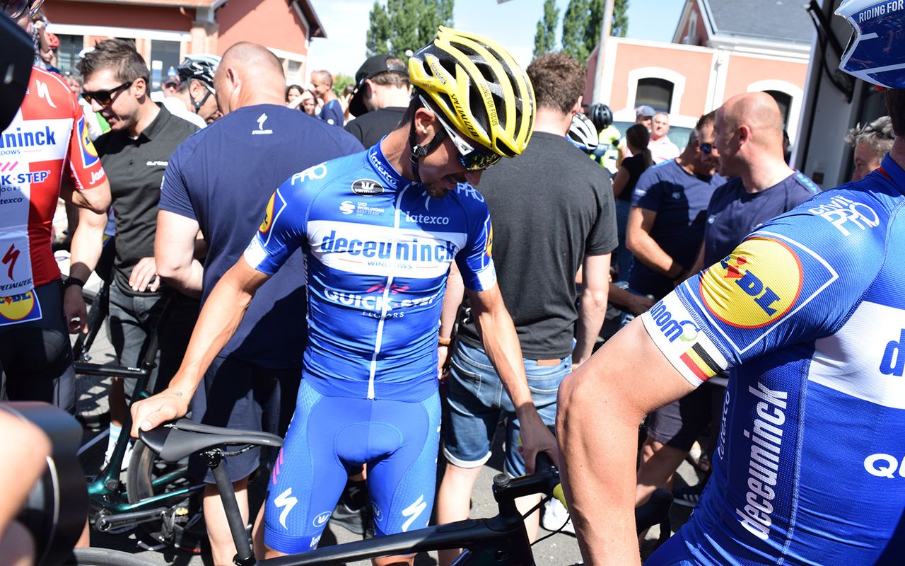Julian Alaphilippe wore his regular team jersey but a yellow helmet on the rest day ride