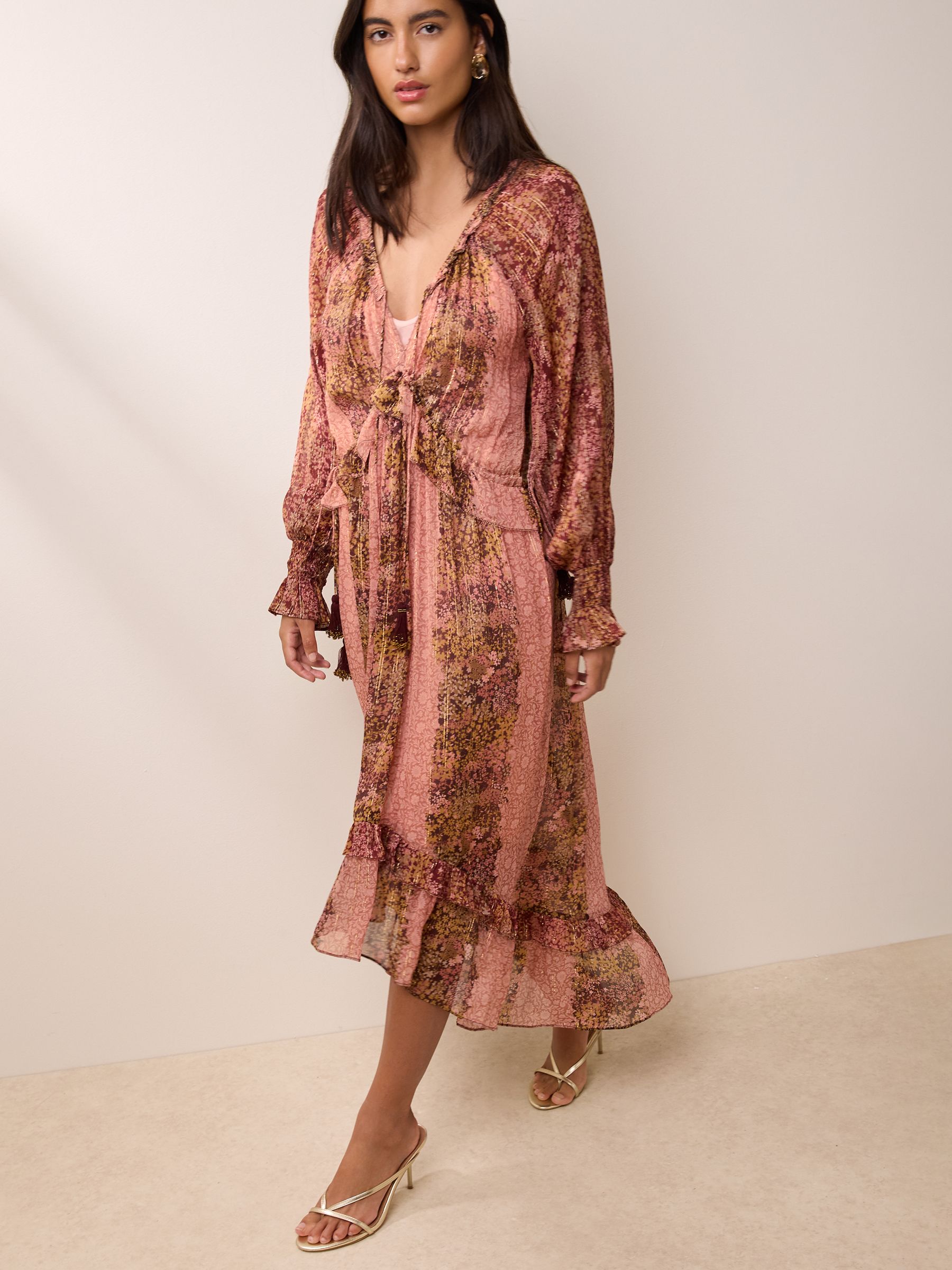 Bhoem Pink/brown Floral Print Metallic Maxi Dress