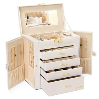 Large synthetic leather cream mirror Jewelry Box with five drawers, two swing out vertical areas and sectioned top with mirrored lid