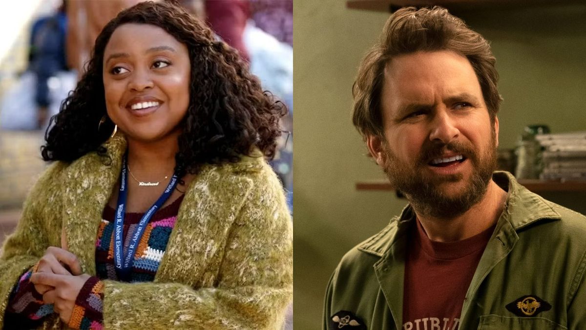 Charlie Day looking annoyed and Quinta Brunson smiling in It&#039;s Always Sunny in Philadelphia and Abbott Elementary