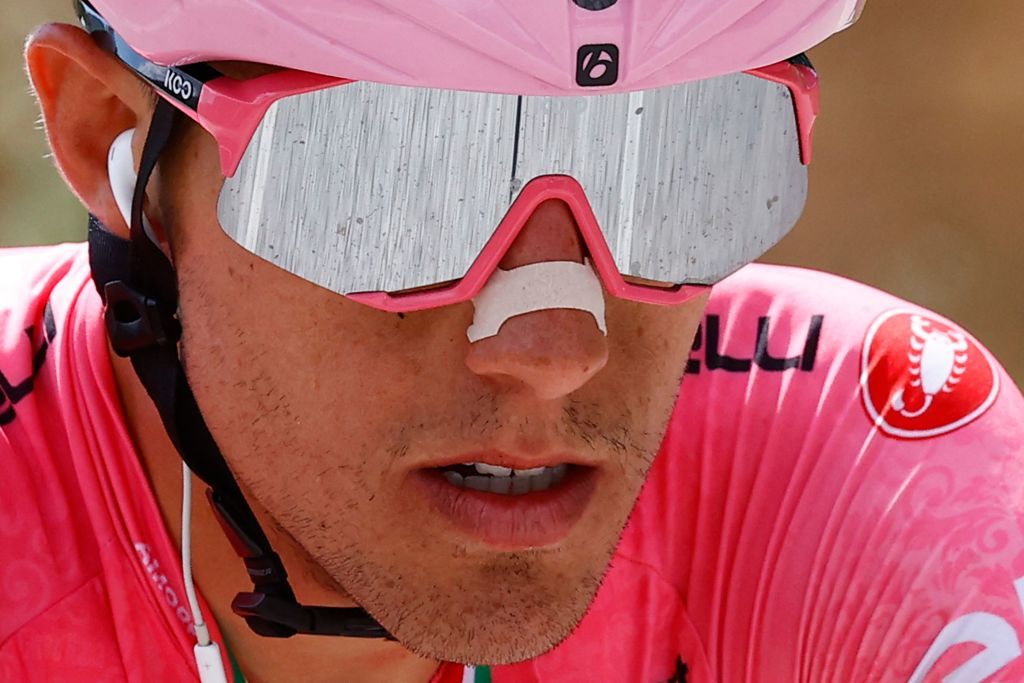 Overall leader Team Treks Spanish rider Juan Pedro Lopez rides during the 7th stage of the Giro dItalia 2022 cycling race 196 kilometers between Diamante and Potenza southwestern Italy Photo by Luca Bettini AFP Photo by LUCA BETTINIAFP via Getty Images