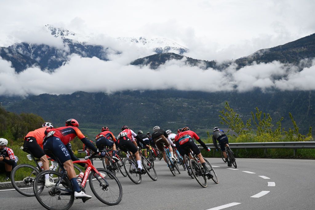 VALAIS THYON 2000 SWITZERLAND APRIL 29 Cameron Wurf of Australia and Team INEOS Grenadiers and a general view of the peloton competing during the 6th Tour De Romandie 2023 Stage 4 a 1616km stage from Sion to Valais Thyon 2000 2090m UCIWT on April 29 2023 in Sion Switzerland Photo by Dario BelingheriGetty Images