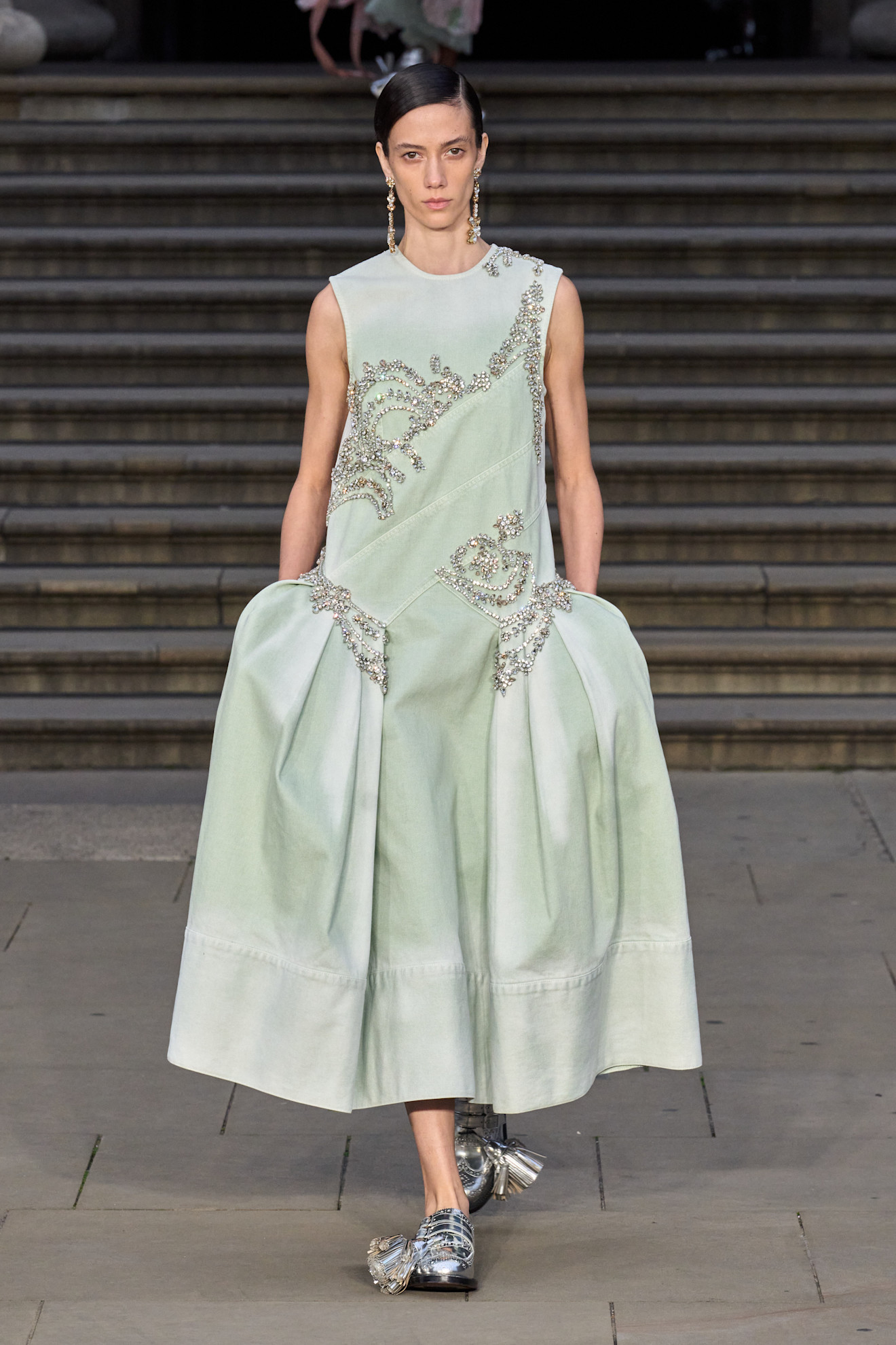 Pastel Fashion Colour Trends: A model wears a seafoam green dress on the Erdem spring/summer 2025 runway