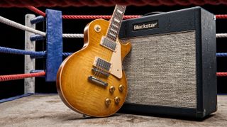 A Gibson Les Paul and Blackstar amp in a boxing ring