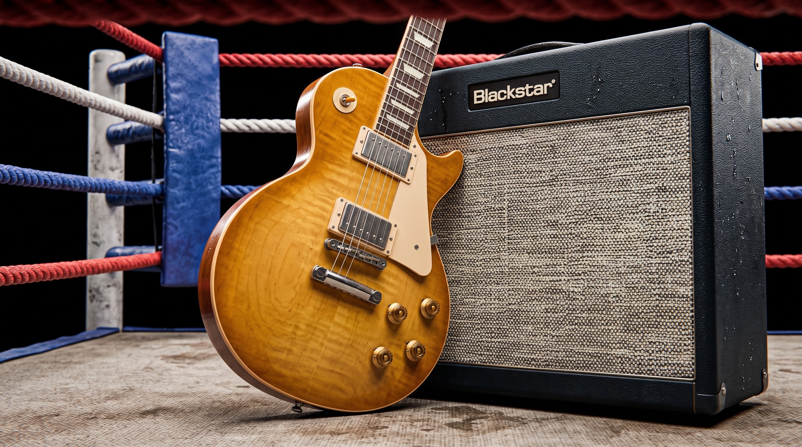 A Gibson Les Paul and Blackstar amp in a boxing ring