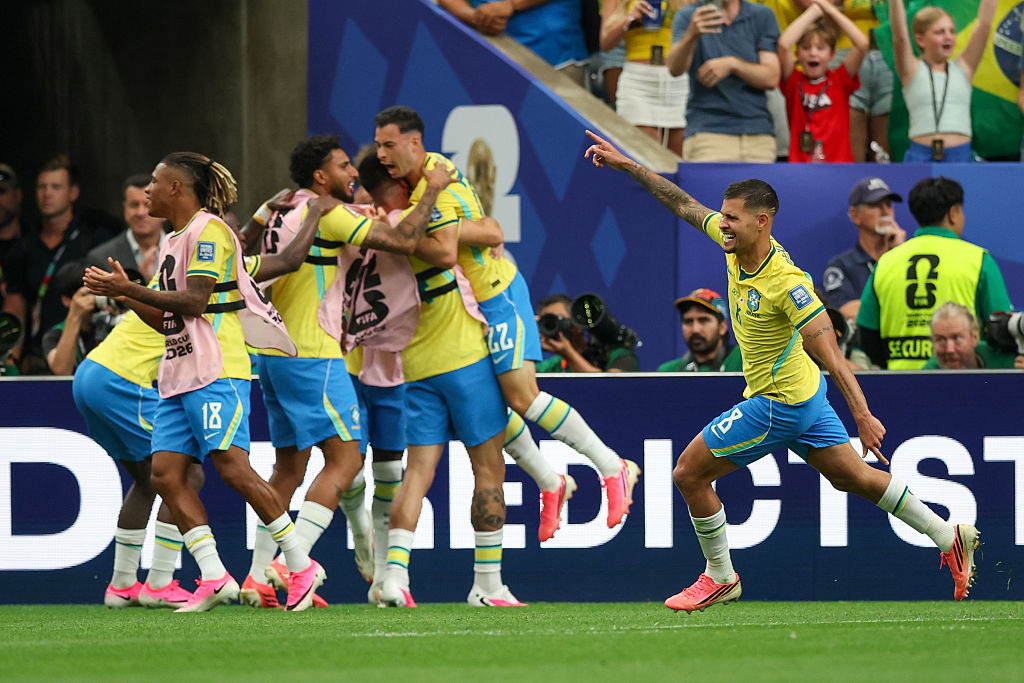 Brazil celebrate their 2-1 victory over Japan in the 2026 World Cup round of 32