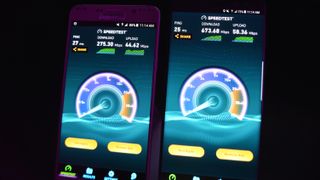 A phone with Gigabit Class LTE (right) receives a notable download speed boost