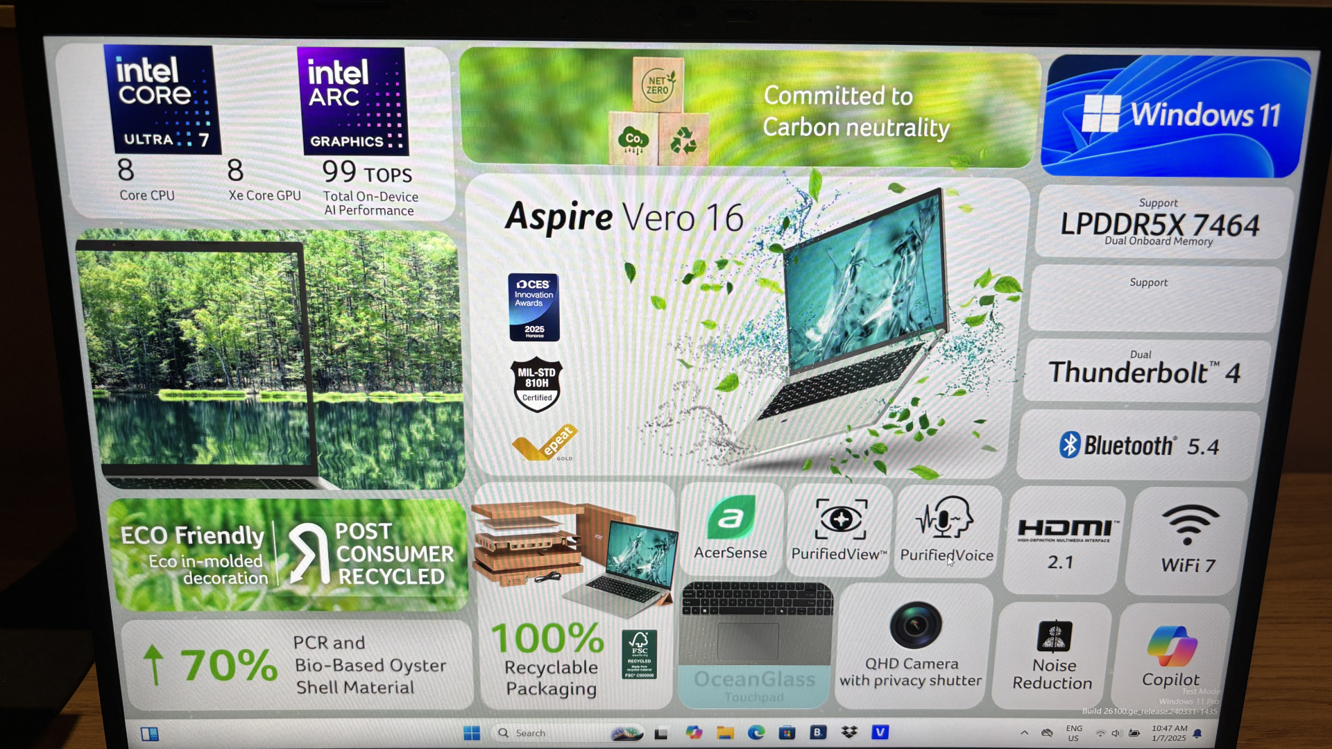 Las especificaciones del portátil Acer Aspire Vero 16 se muestran en su pantalla