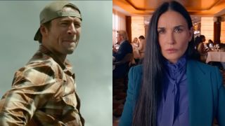 Side by side of Glen Powell in Twisters and Demi Moore in The Substance.
