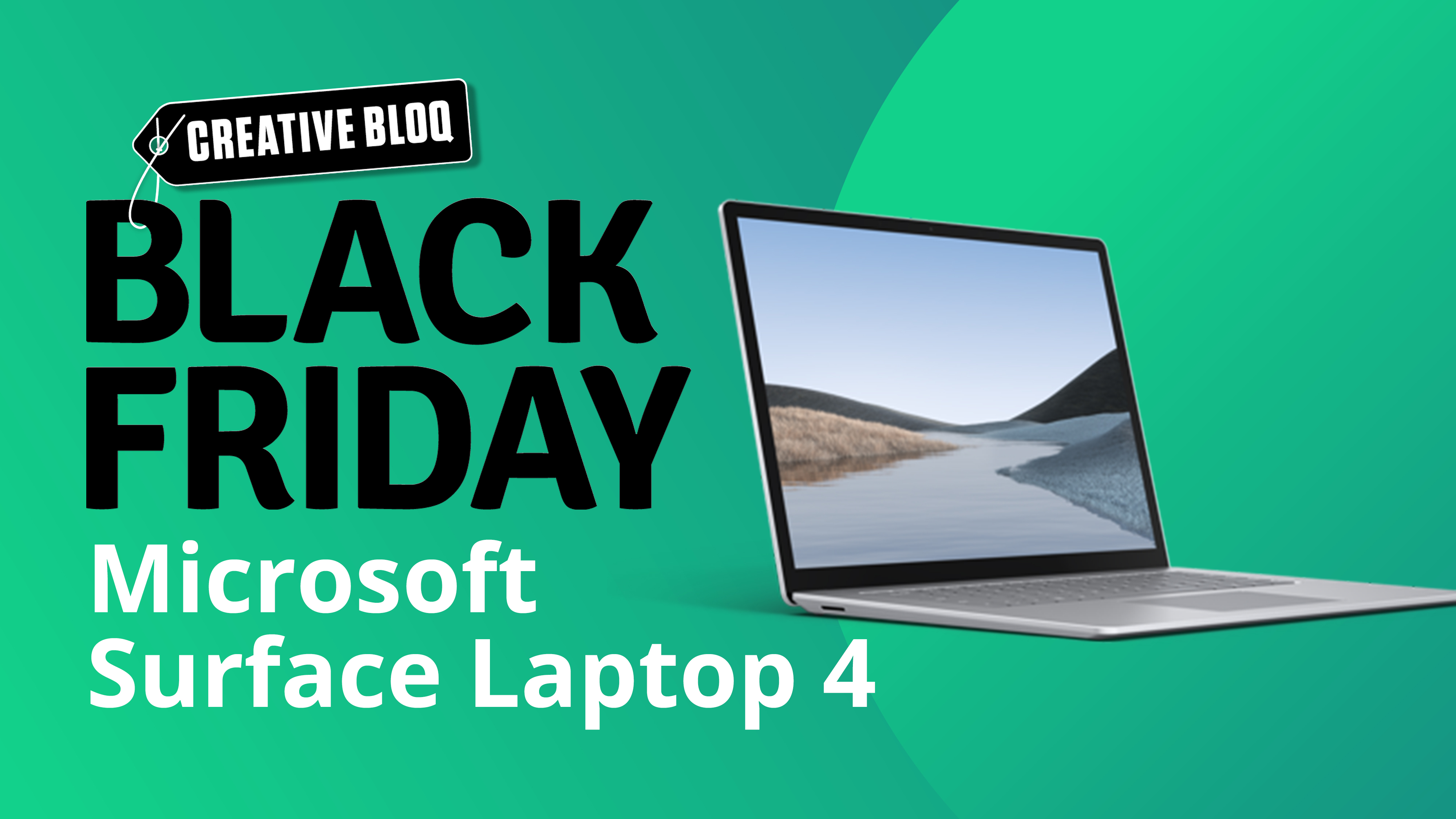Microsoft Surface Black Friday deal image, with Microsoft Surface Laptop 4 on a green background