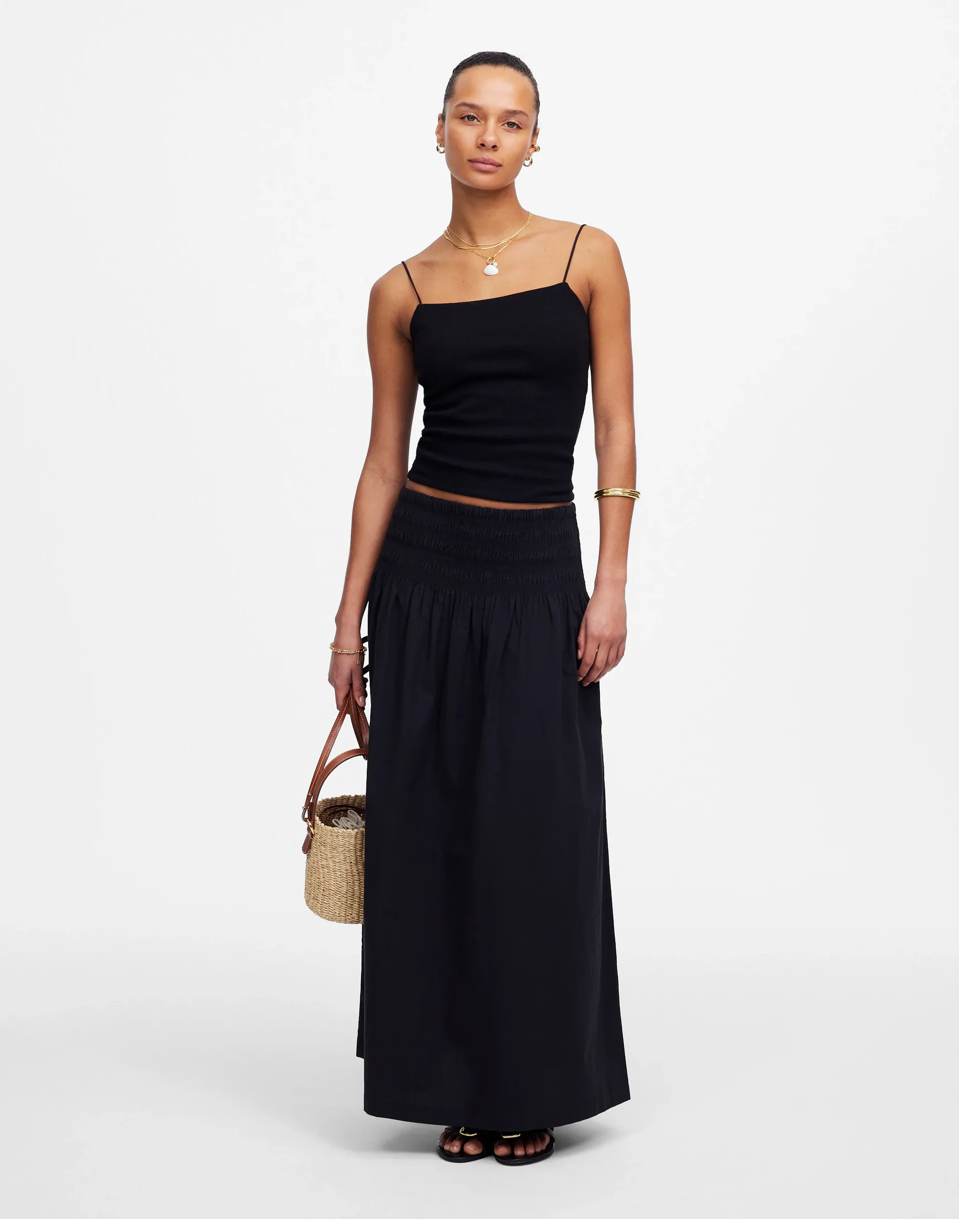 Smocked-Waist Poplin Midi Skirt