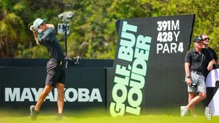 Joaquin Niemann takes a tee shot during the third round of LIV Golf Mayakoba