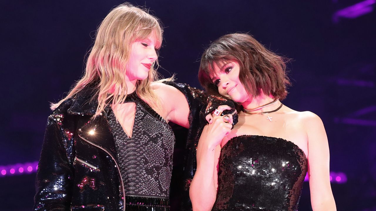 Taylor Swift and Selena Gomez perform onstage during the Taylor Swift reputation Stadium Tour at the Rose Bowl on May 19, 2018 in Pasadena, California