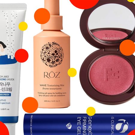 A collage of beauty products with orange and red polka dots throughout the image. 