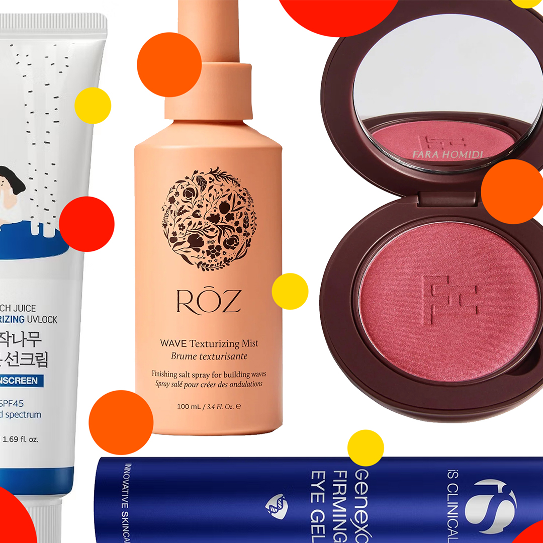 A collage of beauty products with orange and red polka dots throughout the image. 