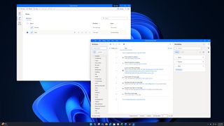 Two Power Automate application windows open on a Windows 11 desktop, displaying automation actions and user-created flows.