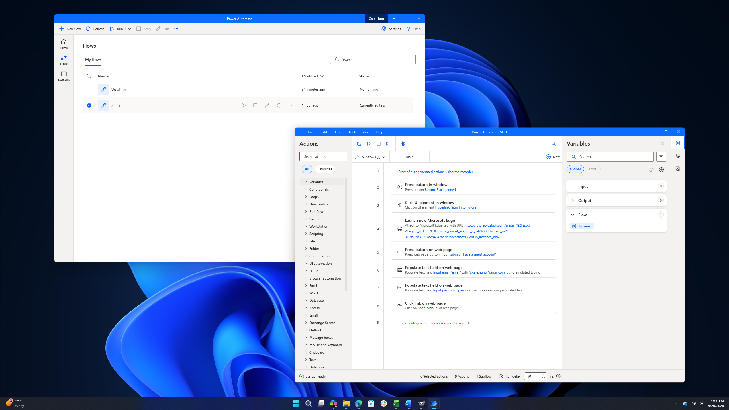 Two Power Automate application windows open on a Windows 11 desktop, displaying automation actions and user-created flows.