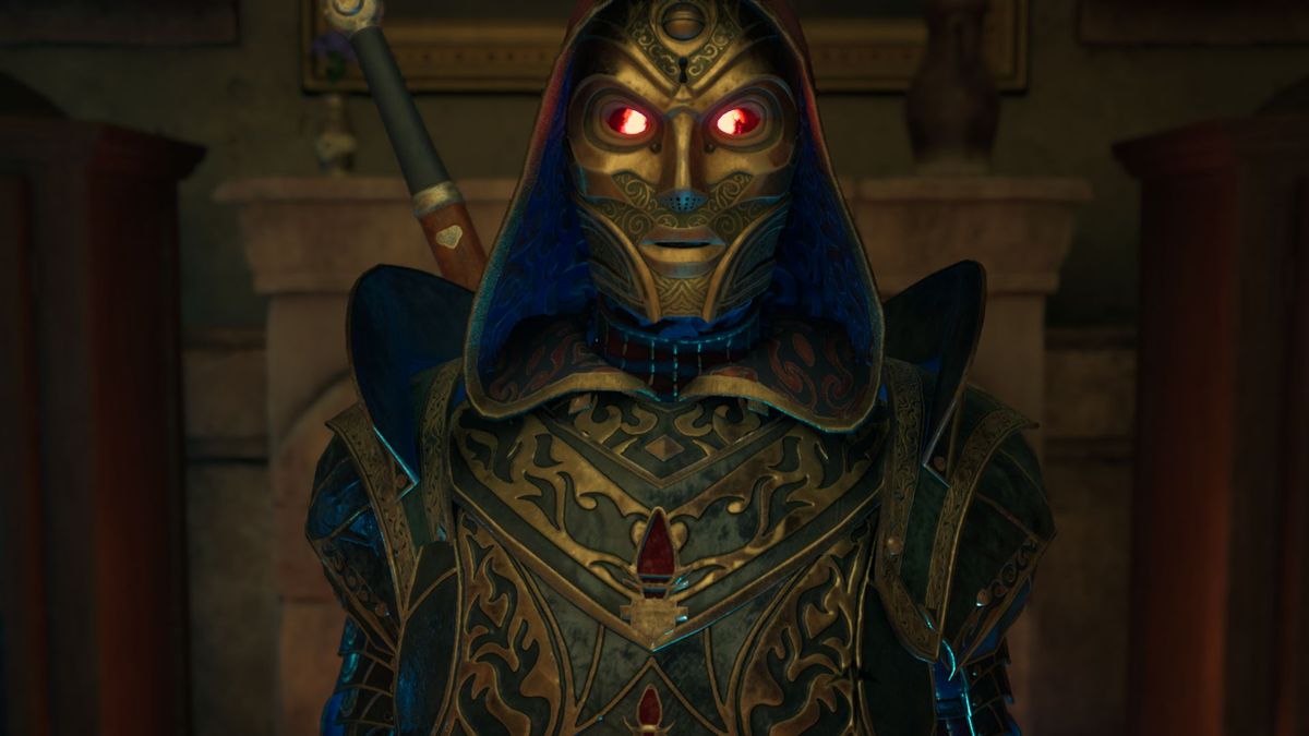 Hooded character in metal armor and mask with glowing eyes