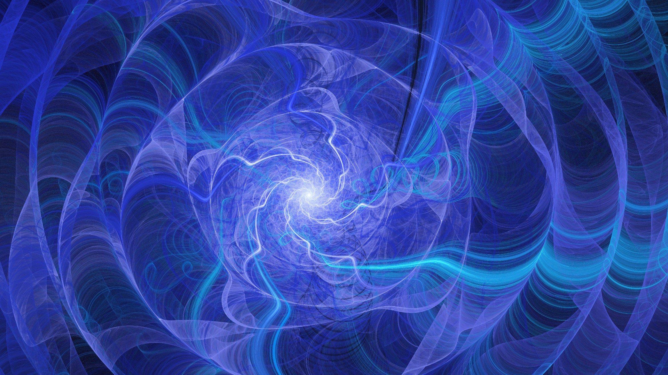 Blauwe en paarse cirkelvormige wervelingen van licht die worden vervormd als ze zich uitbreiden vanuit het heldere centrum om de snaartheorie conceptueel te illustreren