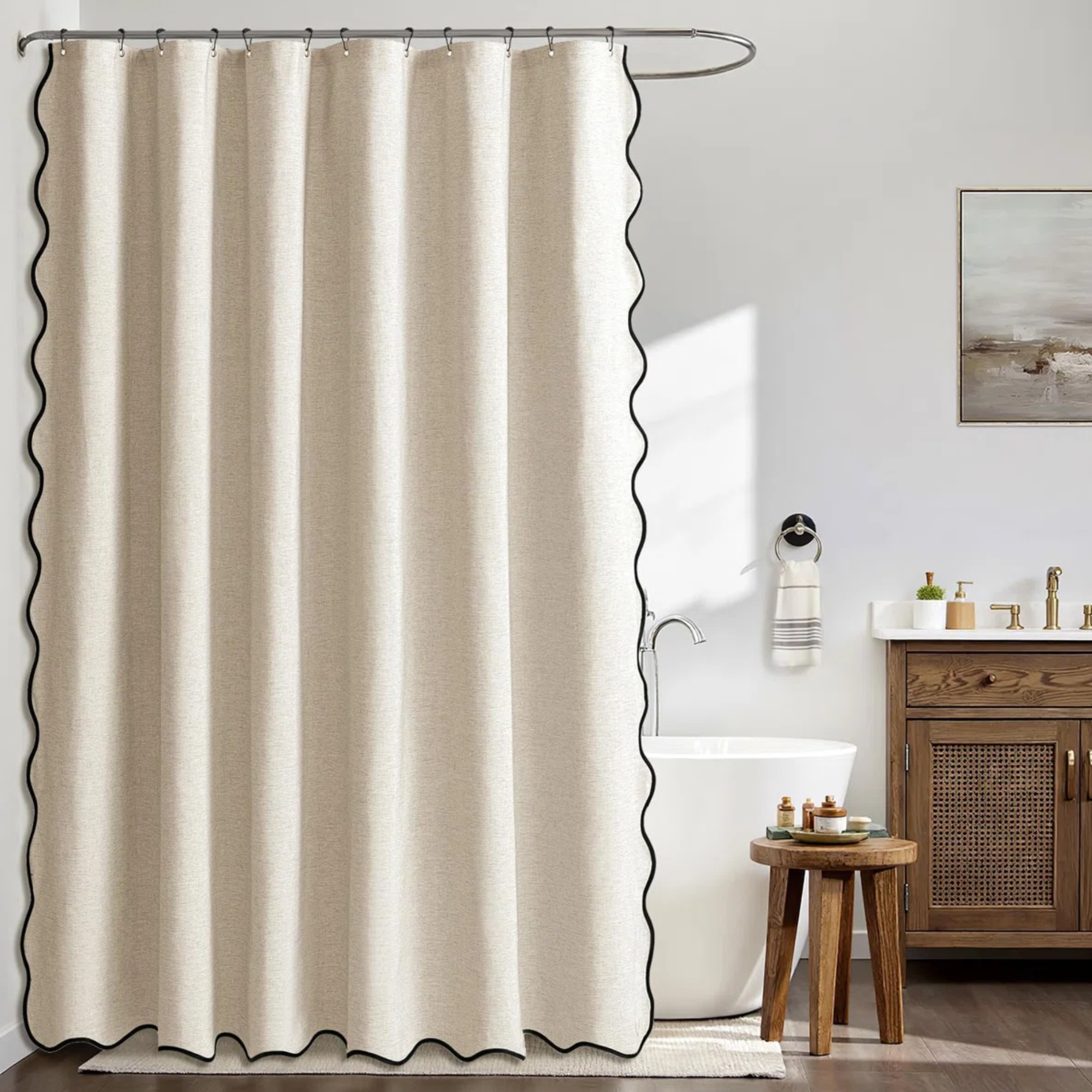 a scallop hem shower curtain in a bathroom 
