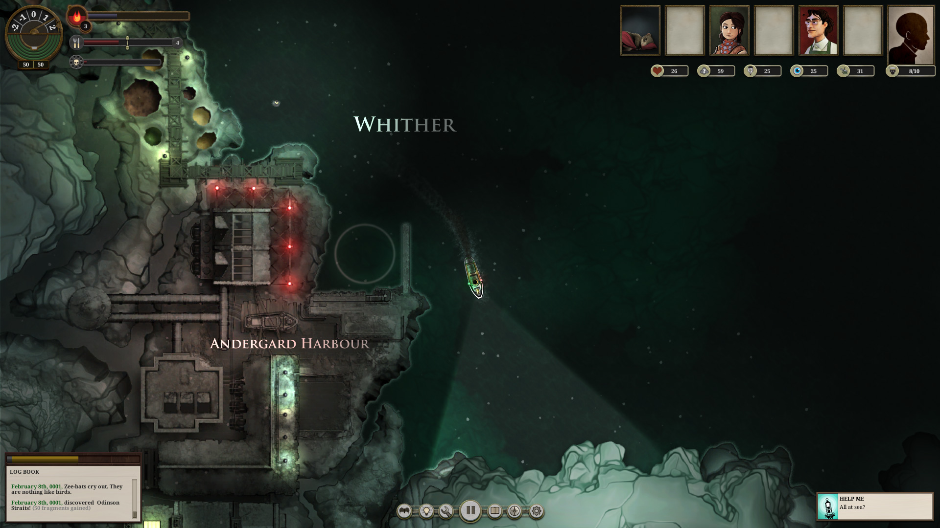 Sailing past a gloomy shore in Sunless Sea