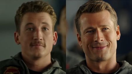 From left to right: Miles Teller looking forward and Glen Powell smiling in Top Gun: Maverick.