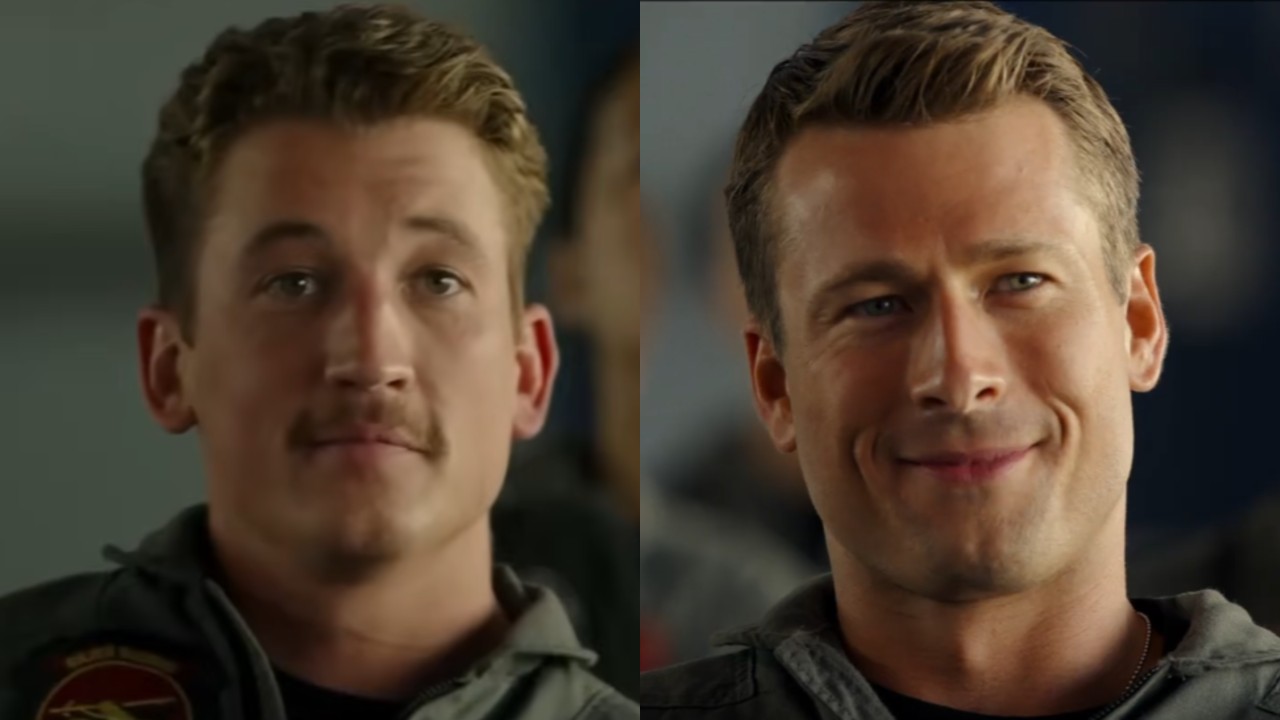 From left to right: Miles Teller looking forward and Glen Powell smiling in Top Gun: Maverick.