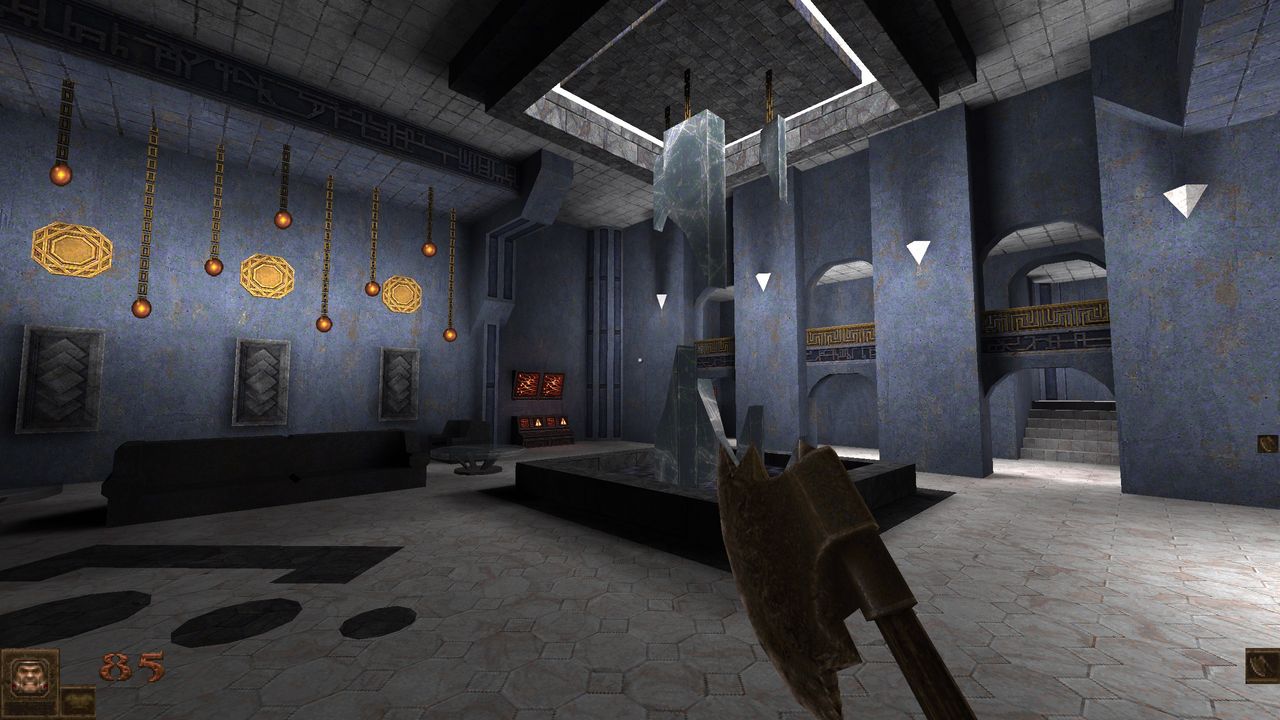 sumptuous corporate lobby with fountain and statue rendered in Quake