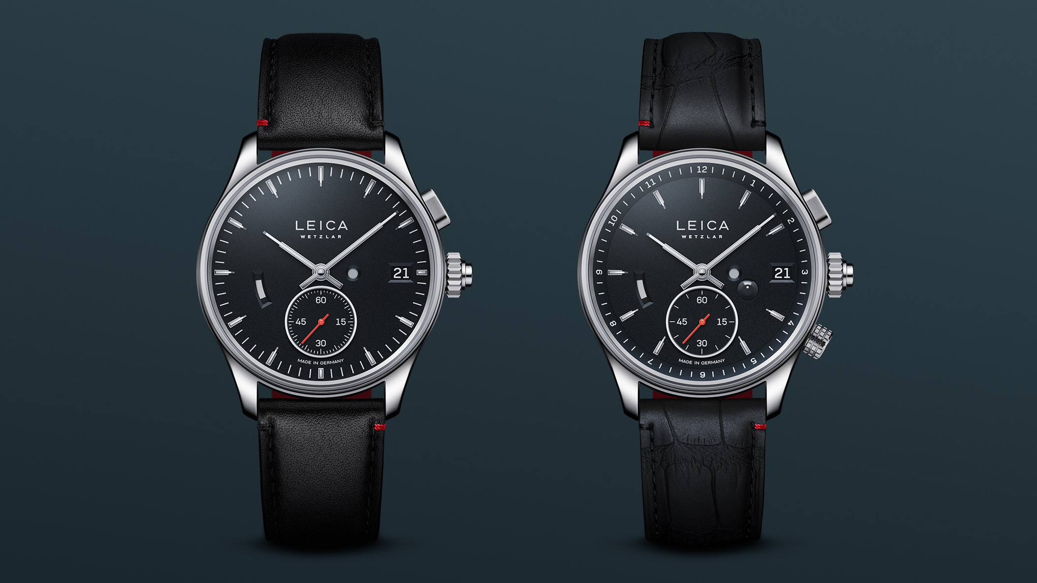 The Leica L1 and L2 watches on a blue background