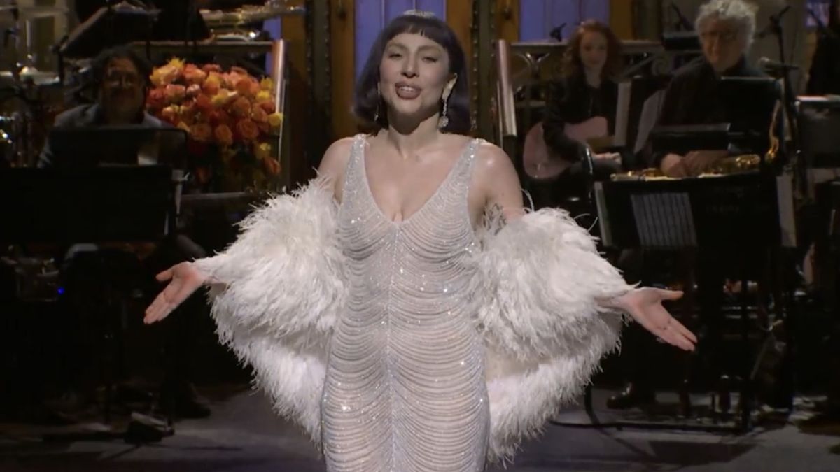 Lady Gaga performing her monologue on SNL