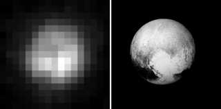 The highest-resolution view of Pluto from Earth, taken by the Hubble Space Telescope in 1994, compared to an image taken by New Horizons just before its July 2015 flyby.