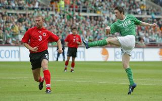 Robbie Keane scores for the Republic of Ireland against Albania in a Euro 2004 qualifier in 2003.
